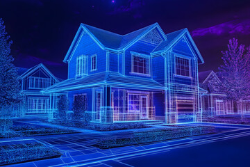 futuristic representation of house, showcasing advanced AR technology enhancing home automation. blue wireframe design highlights modern architecture and innovation