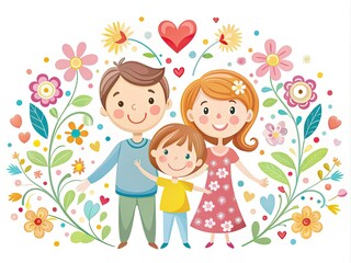 Colorful, minimalist illustration of a cheerful family of four with a boy and girl surrounded by subtle hearts, flowers, and swirls on a white background.