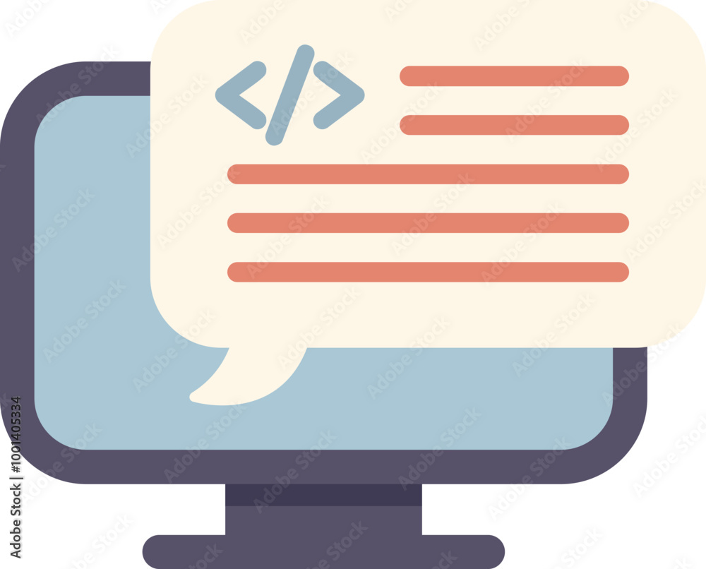 Poster this simple icon depicts a computer with a speech bubble coming from it that contains code