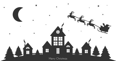 Christmas background with winter village, Santa in a reindeer sleigh in the sky. Black drawings on a white background. Merry Christmas and Happy New Year. Vector