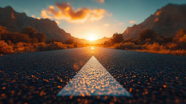 Asphalt Road with White Arrow Directional Sign at Sunset for Business Pathway