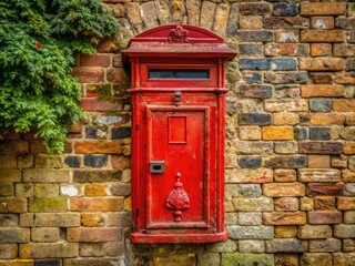 Antique Red Post Box with Weathered Patina Against a Rustic Brick Wall in a Quaint Village Setting