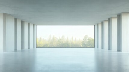 Fototapeta premium A large, empty room with a window that looks out to a forest