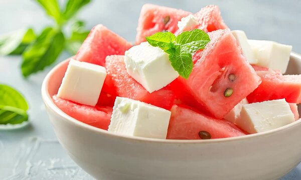 Sliced watermelon and feta cheese salad with mint leaves, summer refreshment