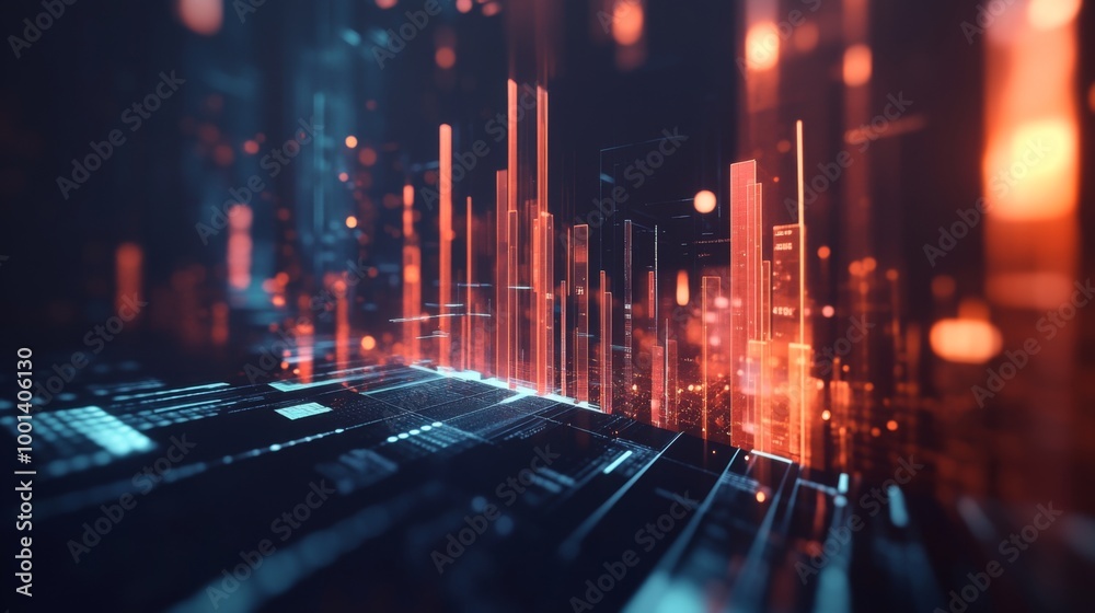 Leinwandbilder A futuristic 3D bar graph floating in space, with transparent bars of different heights, set against a dark background, symbolizing high-tech data visualization