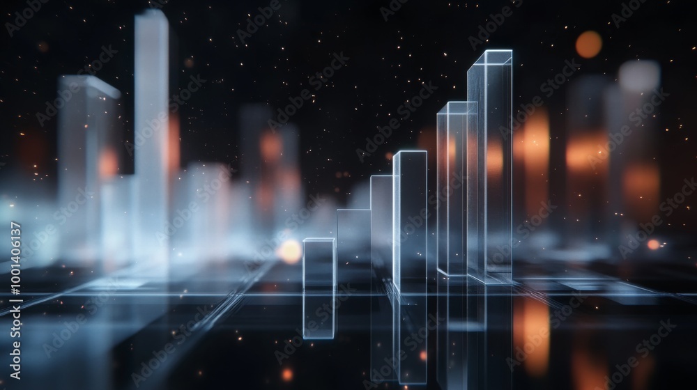 Fototapete a futuristic 3d bar graph floating in space, with transparent bars of different heights, set against