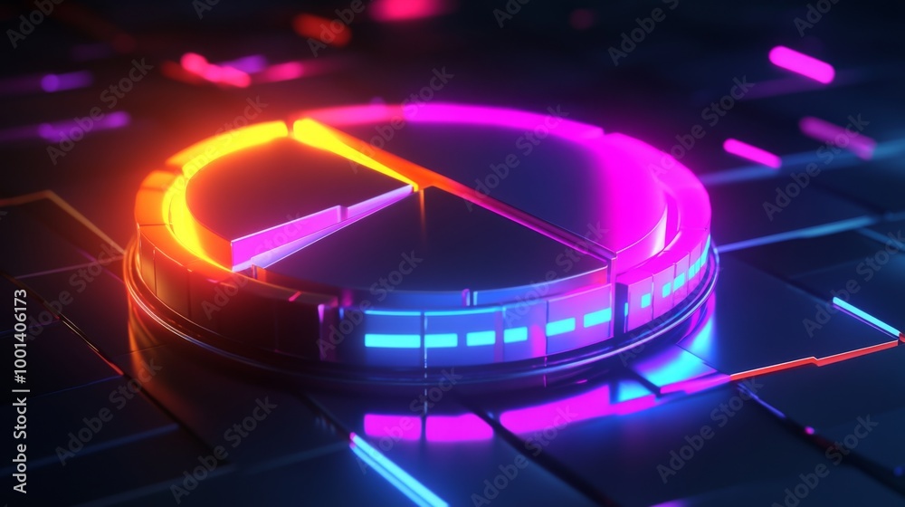 Aufkleber a futuristic 3d pie chart with glowing neon segments, rotating in a digital space, symbolizing moder