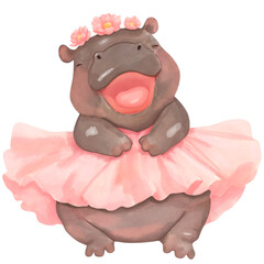 Naklejka premium A happy baby hippo wearing pink tutu dress in watercolor.