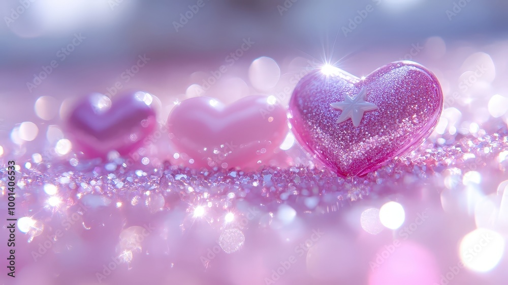 Poster three pink hearts with glitter resting on a shimmering surface with a bokeh effect, representing lov