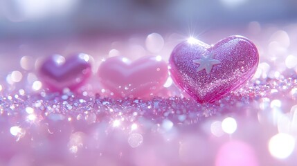 Obraz premium Three pink hearts with glitter resting on a shimmering surface with a bokeh effect, representing love and joy.