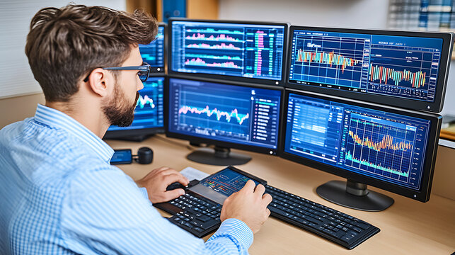 Investor analyzing stock data in modern office