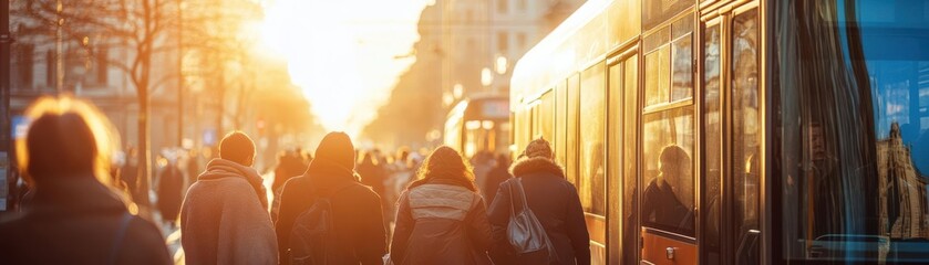 People boarding a bus with morning sunlight, Monday morning, commuting and routine