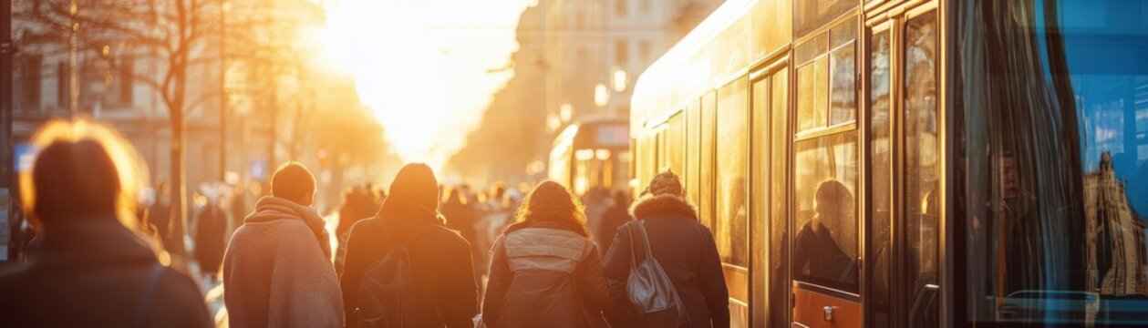 People boarding a bus with morning sunlight, Monday morning, commuting and routine