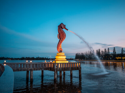 The Seahorse monument on the Praek Tuek Chhu River in Kampot in Cambodia at sunset