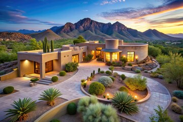 Contemporary southwestern-style estate with curved lines, stucco exterior, and lavish outdoor spaces, surrounded by lush desert landscaping and majestic mountain vistas.