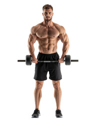 Fototapeta na wymiar A man is lifting a dumbbell in the air. on transparent background png