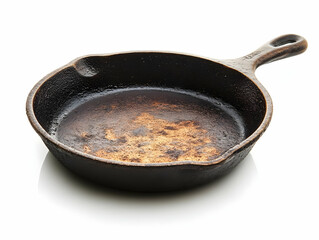 Old, rusty cast iron skillet on a white background, perfect for showcasing culinary heritage and vintage kitchenware.