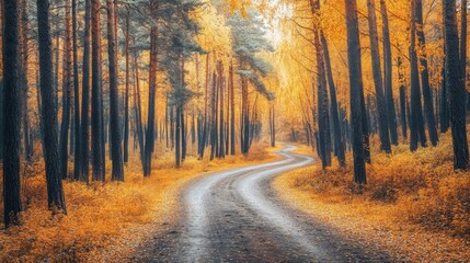 Fototapeta premium Eastern European autumn forest with a winding road, vibrant yellow and orange leaves, and majestic tree trunks creating a magical and serene atmosphere