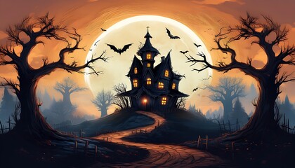 A spooky haunted house silhouette against a glowing full moon, nestled on a hill, creates a perfect Halloween backdrop for eerie tales and ghostly adventures. Generative AI