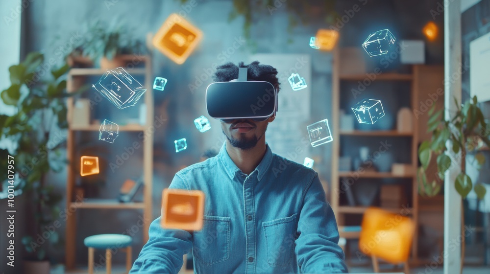 Poster a virtual reality designer explores floating 3d objects in a modern studio using a vr headset. gener