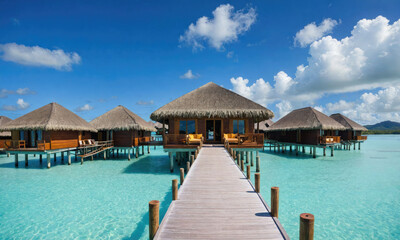 Fototapeta premium Overwater bungalows on a tropical island offer a serene escape in the turquoise waters