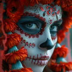 Ceremonial Sugar Skull Makeup on Woman's Face for Mexican Dia de los Muertos Celebration