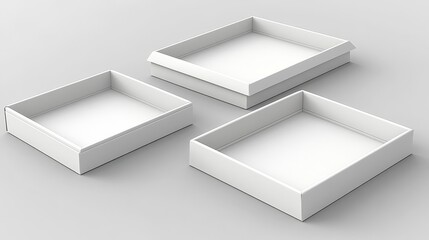 Three white cardboard boxes of different sizes, arranged on a neutral background, showcasing their clean, minimalist design and blank surfaces, ready to be filled with products or gifts.