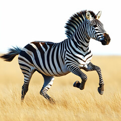 Fototapeta premium A zebra running gracefully across a golden grassland, showcasing its distinctive black and white stripes.