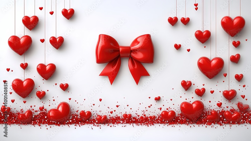Poster Red Hearts and a Big Bow Hanging from Strings on a White Background