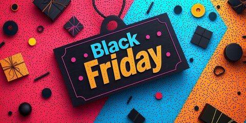 A bold graphic of a price tag with "Black Friday" written in a large, colorful font. Ai generated