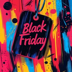A bold graphic of a price tag with "Black Friday" written in a large, colorful font. Ai generated