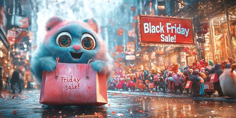 A whimsical cartoon-style scene of a joyful, oversized shopping bag character with big, sparkling eyes, standing in front of a giant "Black Friday Sale!" - ai generated