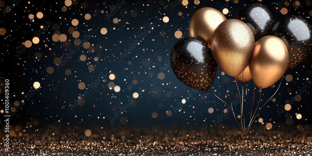 Poster a cluster of gold and black balloons floating against a backdrop of shimmering gold bokeh
