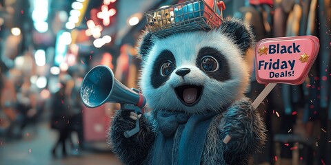 An adorable, fluffy panda wearing a tiny shopping cart as a hat, holding a giant lollipop in one hand and a megaphone in the other, shouting "Black Friday Deals!"