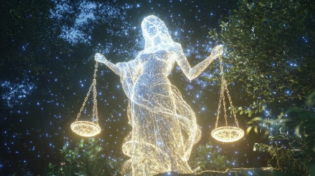 Celestial Guardian of Balance: Artistic Rendering of Libra in Moonlit Forest