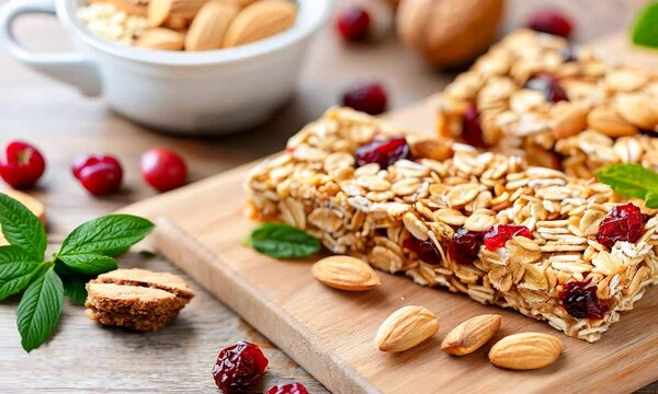 Homemade granola bars with oats, nuts, and dried fruit, healthy snack option