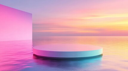 Elegant 3D render of a round platform on water surrounded by glass wall panels. Rainbow-colored minimal landscape for a stylish product showcase banner.