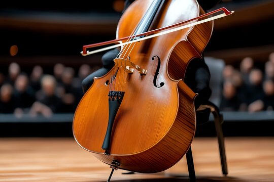Cello player on stage, with their bow moving gracefully across the strings, filling the air with deep, resonant tones, while the audience watches in awe
