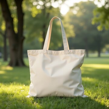 Tote bag mockup concept image with a blank tote bag sitting outside in a park on sunny day for the large sturdy cloth unfastened bag with parallel handles with copy space