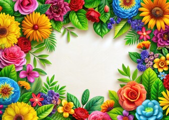 Fototapeta premium Beautiful Floral Border Design with Vibrant Flowers and Green Leaves for Decorative Purposes