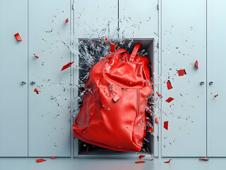 Dynamic scene of a red backpack bursting out of a locker, showcasing energy and excitement in an everyday environment.