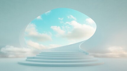 A staircase leading up to a white building with a blue sky in the background