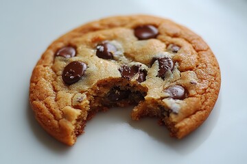 A cookie with chocolate chips is half eaten