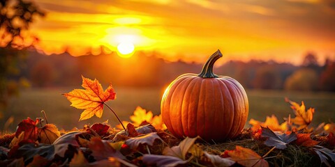Dark orange pumpkin silhouette set against a vibrant autumn sunset, with subtle leaf patterns and delicate stem details, evoking cozy seasonal warmth and nostalgia.