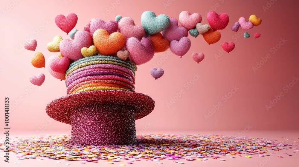 Poster a sparkling red hat overflowing with fuzzy, colorful hearts, scattered confetti creating a whimsical
