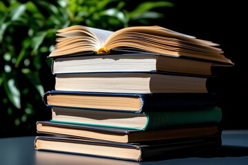 Naklejka premium Book stack on a table, with every crease and page edge sharply defined, sunlight casting soft shadows over the pile