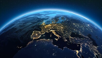 Fototapeta premium 夜の地球を宇宙から見た風景。大陸ごとに明るく輝く都市の灯が、まるで星座のように地球上に広がり、文明の息吹を感じさせる。その光の中に、海や山、森林が静かに黒く気づく