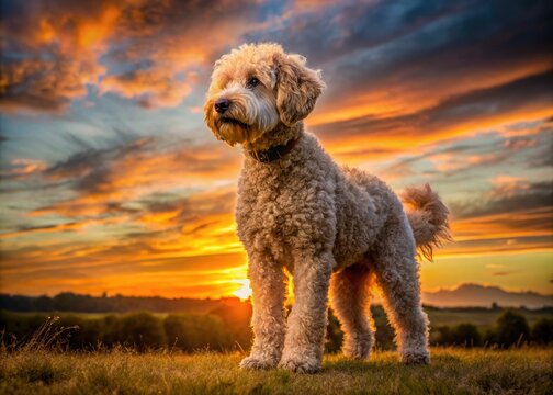 Dark outline of a Whoodle, a cross between a Wheaten Terrier and a Poodle, standing majestically against a vibrant sunset with a serene natural backdrop.