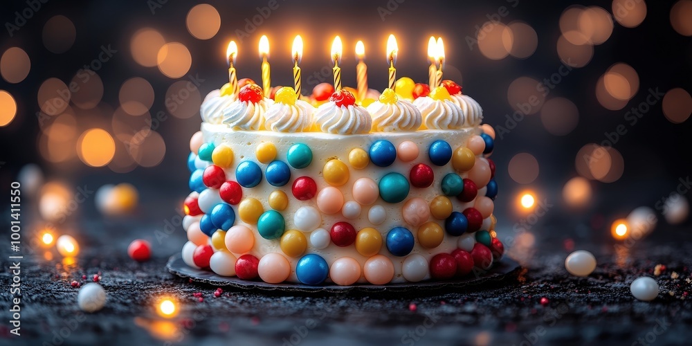 Poster a white cake with colorful candies and lit candles, set against a bokeh background of twinkling ligh