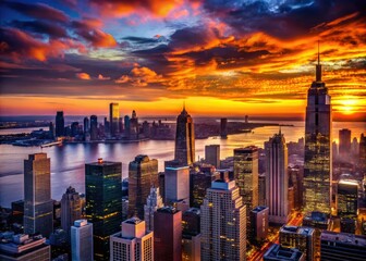 Dark silhouette of iconic skyscrapers and towering buildings against vibrant hues of sunset, overlooking tranquil Hudson River waters and bustling city streets below.